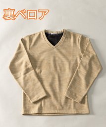 Nylaus select(ナイラスセレクト)/Tシャツ メンズ 長袖 裏ベロア 無地 ボーダー柄  ニット クルーネック Vネック 長袖Tシャツ ニットTシャツ 裏起毛Tシャツ カットソー トップス 部屋着/ベージュ