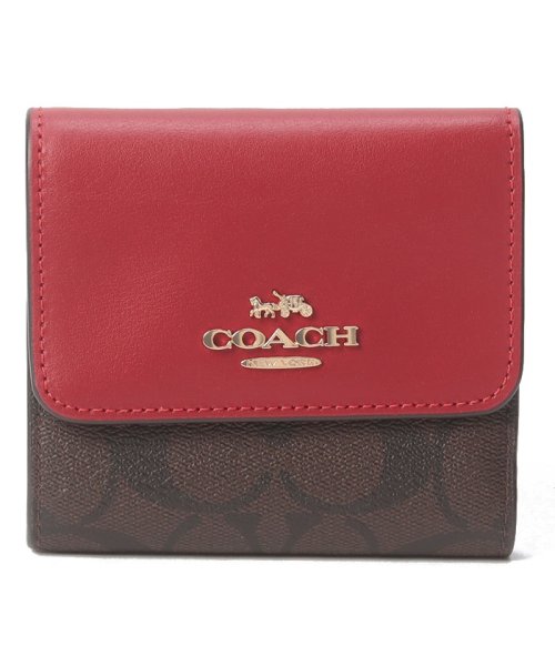 COACH(コーチ)/コーチ CE930 3つ折り財布 シグネチャー PVCレザー/ブラウン/レッド