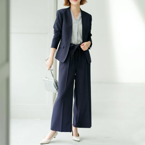 セール】【2点セットアップ】洗えるストレッチノーカラーワイドパンツ  