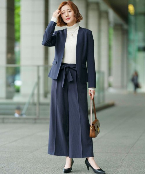 セール】【2点セットアップ】洗えるストレッチノーカラーワイドパンツ  