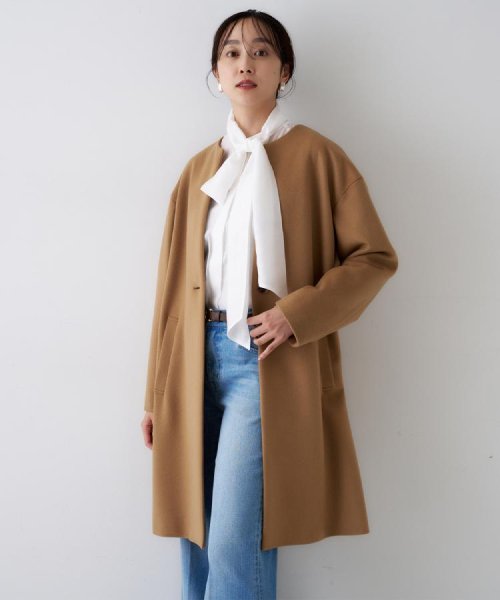 【日本製／通勤／フォーマル】カシミヤ混ノーカラーコート 