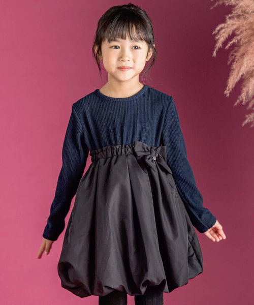 BeBe Petits Pois Vert(ベベ プチ ポワ ヴェール)/【店舗限定】リブ＋タフタバルーンドッキングワンピ(100~150cm)/ネイビー系