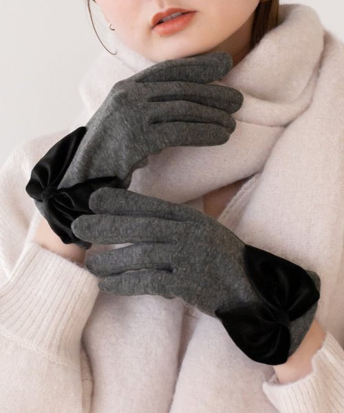 VitaFelice(ヴィータフェリーチェ)/リボンデザイングローブ 手袋 レディース 裏起毛 指だし スマホ対応 かわいい てぶくろ タッチパネル 上品 寒さ対策 防寒グッズ クリスマス/グレー