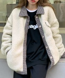 Dewlily(デューリリー)/チェックボアアウター レディース 10代 20代 30代 韓国ファッション カジュアル 可愛い 大人 羽織り 上着 秋 冬 大きいサイズ コート 黒/ホワイト