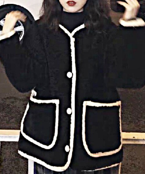 Dewlily(デューリリー)/ノーカラーボアジャケット レディース 10代 20代 30代 韓国ファッション カジュアル 可愛い 大人 秋 冬 黒 白 アウター 暖かい コート/ブラック