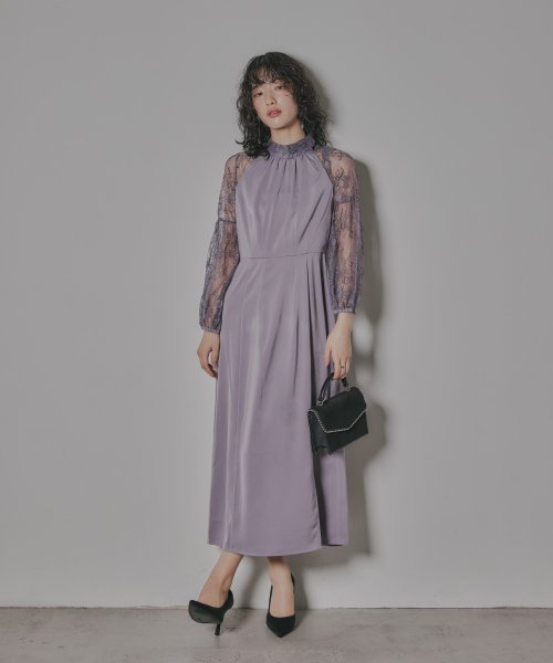 niana ニアナ 結婚式 ワンピース パーティードレス レース 切り替え ボウタイ リボン ボトルネック Iライン シンプル 無地 スリット ロング丈 ボリュ 5cm ニアナ