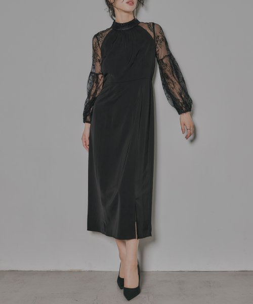 niana ニアナ 結婚式 ワンピース パーティードレス レース 切り替え ボウタイ リボン ボトルネック Iライン シンプル 無地 スリット ロング丈 ボリュ 5cm ニアナ