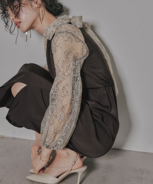 niana ニアナ 結婚式 ワンピース パーティードレス レース 切り替え ボウタイ リボン ボトルネック Iライン シンプル 無地 スリット ロング丈 ボリュ 5cm ニアナ