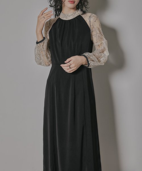 niana ニアナ 結婚式 ワンピース パーティードレス レース 切り替え ボウタイ リボン ボトルネック Iライン シンプル 無地 スリット ロング丈 ボリュ 5cm ニアナ