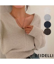 BEIDELLI(ベイデリ)/Beidelli(ベイデリ)クラックスリットVネックウールニット/ライトベージュ
