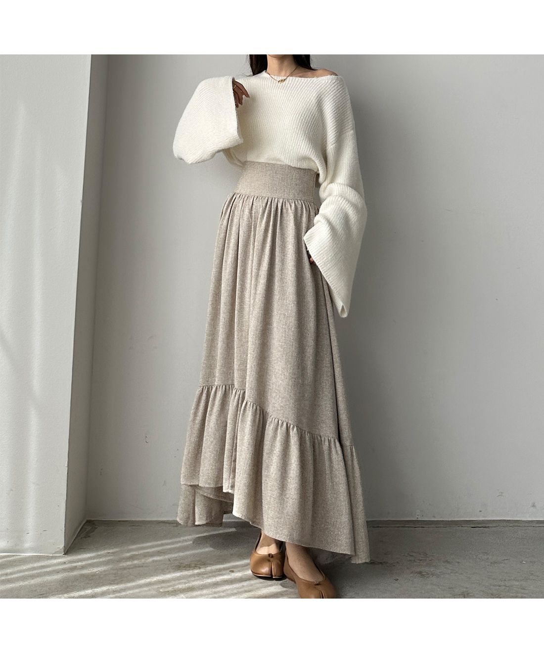 【グレー】Louere ツイード裾フレアスカート