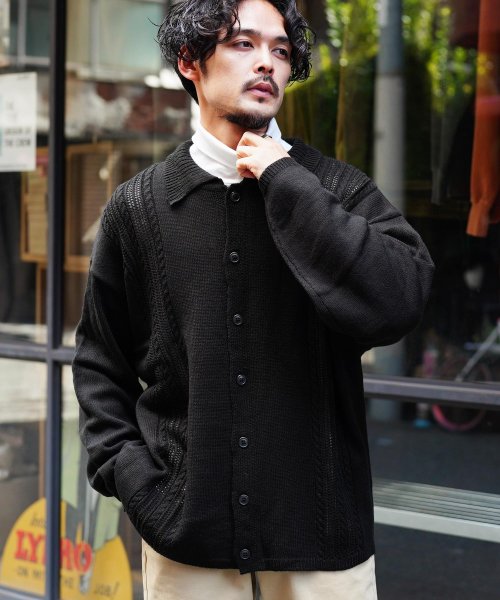 部分透かし編み カーディガン / 襟付き カーディガン メンズ ニット  