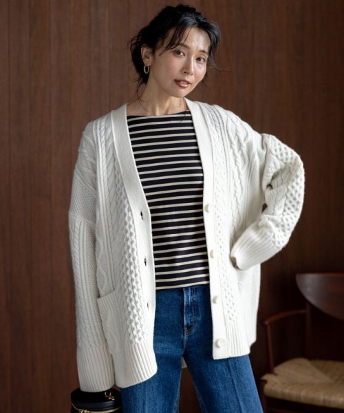 【杏さん着用/洗える】ウールカシミヤ アランパターン カーディガン #005