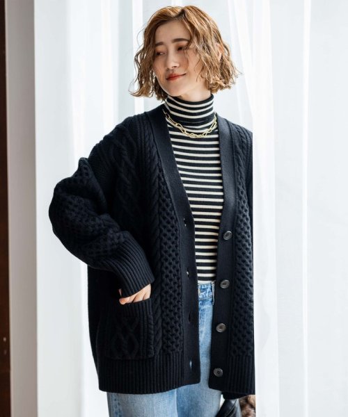 【杏さん着用/洗える】ウールカシミヤ アランパターン カーディガン #005