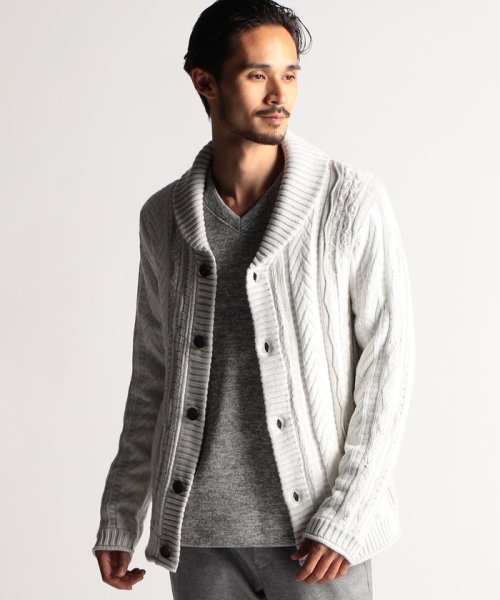 【RIELABO】3Dランダムストライプジャカード ショールカラーカーディガン 