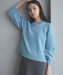 KUMIKYOKU（LARGE SIZE）(組曲（大きいサイズ）)/【8色展開・前後着用可】ウールカシミヤミックス パフスリーブ ニット/パウダーブルー系