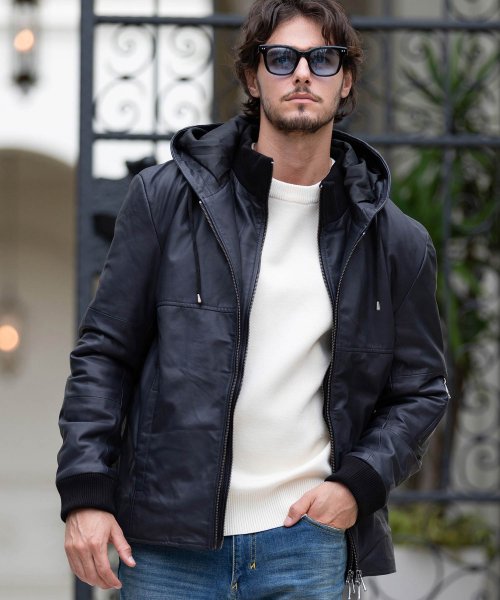 AKM Contemporary(エイケイエムコンテンポラリー)レイヤードレザーフードジャケット 