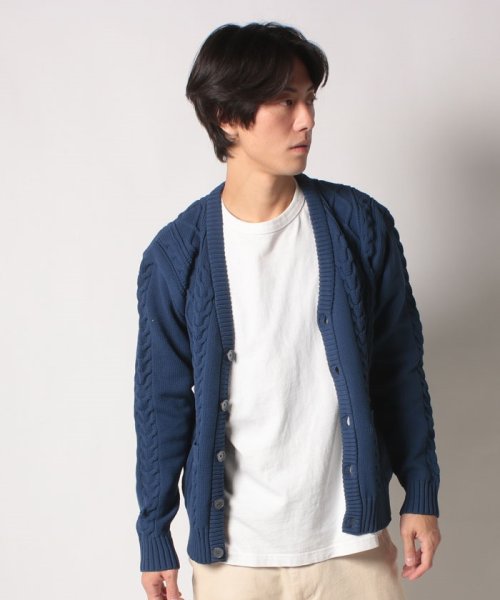 JEANS MATE(ジーンズメイト)/【BLUE STANDARD】軽量 ウォッシャブル アラン編み カーディガン 洗えるニット/ブルーグレー