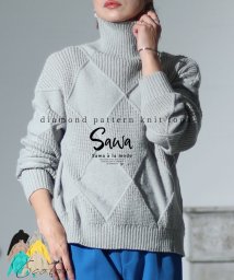 Sawa a la mode(サワアラモード)/大胆なダイヤチェッカー切り替えリブニットセーター/グレー