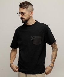 Schott(ショット)/T－SHIRT CUSTOM ZIP LEATHER PKT/カスタムジップ レザーポケット Tシャツ/ブラック