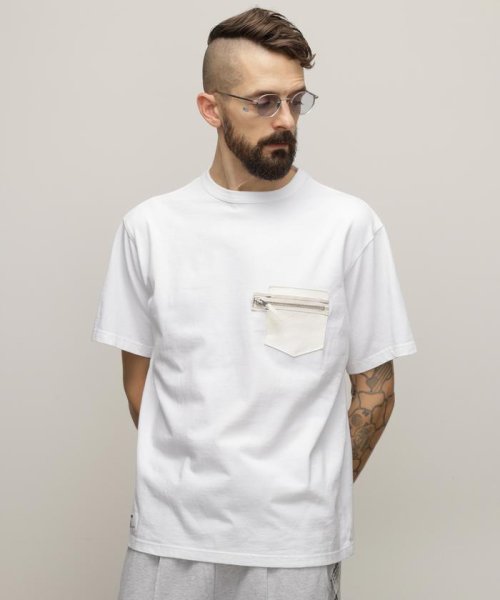 Schott(ショット)/T－SHIRT CUSTOM ZIP LEATHER PKT/カスタムジップ レザーポケット Tシャツ/ホワイト