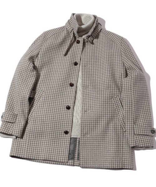 ウールコットンアクリル千鳥格子スタンドカラーコート  Q2134801480(16225円)
