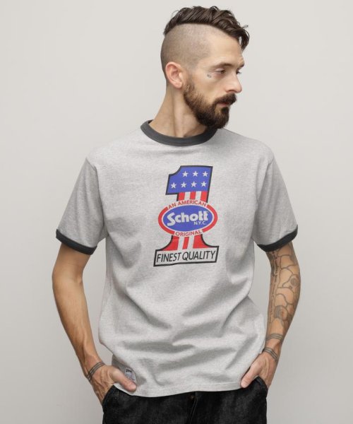 Schott(ショット)/HEATHER TRIM T－SHIRT"NO.1 AMERICAN"/ヘザートリムTシャツ "ナンバーワン アメリカン/グレー