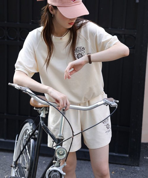 aimoha(aimoha（アイモハ）)/ロゴ刺繍カットソーTシャツ＋ショートパンツ　セットアップ/ベージュ