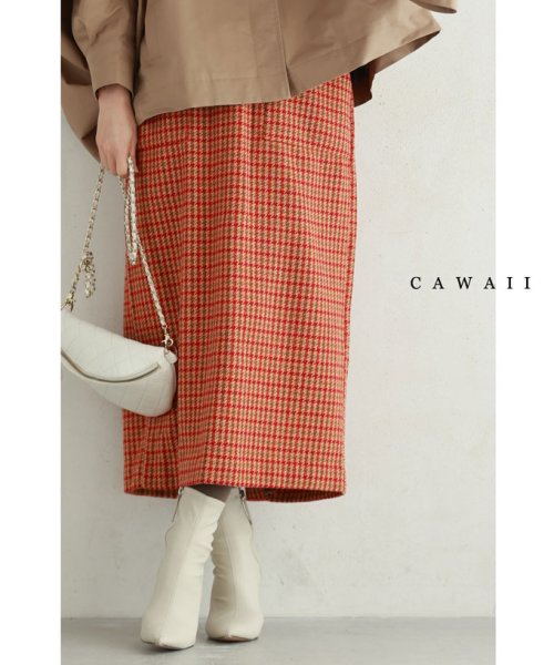 CAWAII(カワイイ)/あったかチェックのIラインミディアムスカート/オレンジ