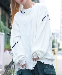 1111clothing(ワンフォークロージング)/◆ハンドステッチ ダメージクルーニット◆ オーバーサイズ クルーネック ニット メンズ ワイド セーター レディース ビッグニット ビッグセーター/ホワイト