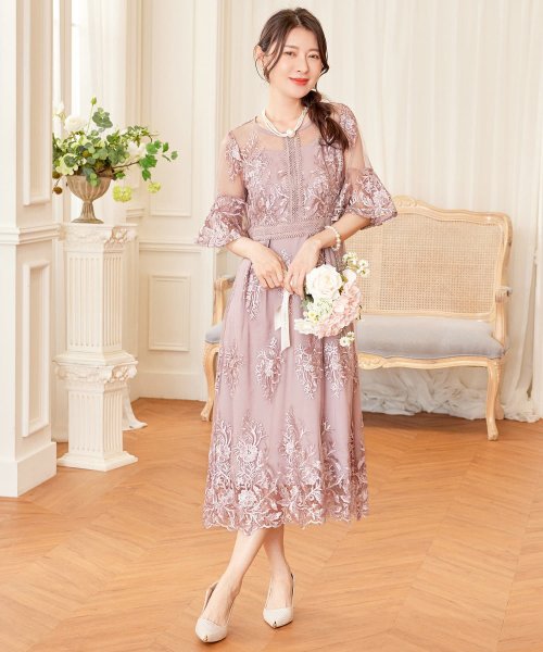 DRESS+(ドレス プラス)/ワンピース ドレス 総レース ミモレ丈 結婚式/ピンク