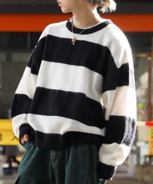 1111clothing/◆モヘアライク ボーダー ルーズニット◆ オーバーサイズ クルーネック ボーダーニット メンズ モヘア ボーダーセーター レディース ビッグニット/505768731