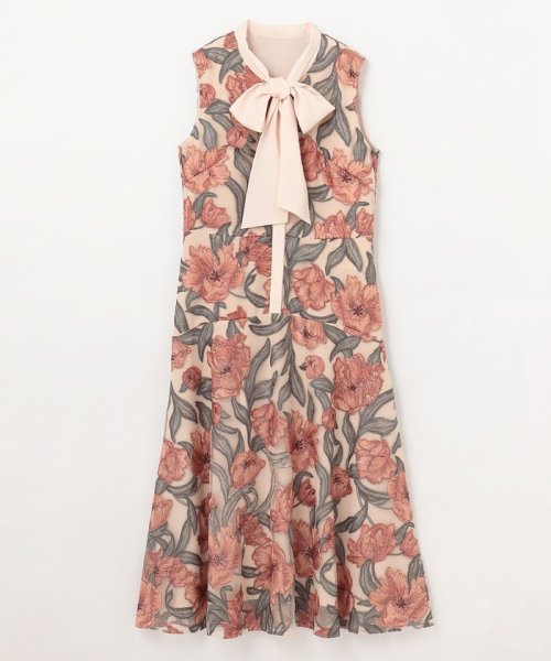 フラワー刺繍ミディドレス 