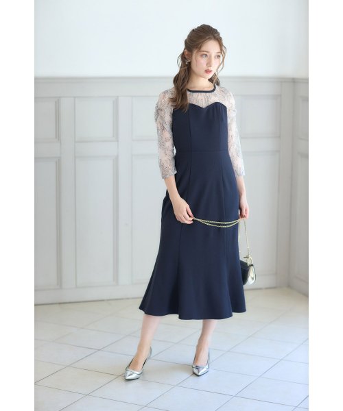 tocco closet(トッコクローゼット)/シャーリングスリーブレース切り替え配色マーメイドワンピース/NAVY