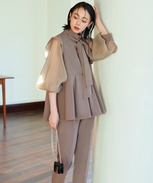 オーガンジースリーブタックフレアトップス＆シークレットゴム・スリムテーパードパンツ（ボウタイ付き）(PA1322) スリムテーパードパンツ ボウタイ付き PA1322 トップス パンツ オーガンジースリーブタックフレアトップス＆シークレットゴム Sleeve Tuck Flare Pants tapered 7号 9号 11号 13号 15号 17号 19号 95％　ポリウレタン