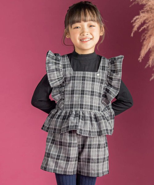 BeBe Petits Pois Vert(ベベ プチ ポワ ヴェール)/【店舗限定】リブ＆チェック柄レイヤード風フリルセットアップ(95~150cm)/グレー系