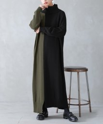 osharewalker(オシャレウォーカー)/『配色アシメタートルネックニットワンピース』/ブラック