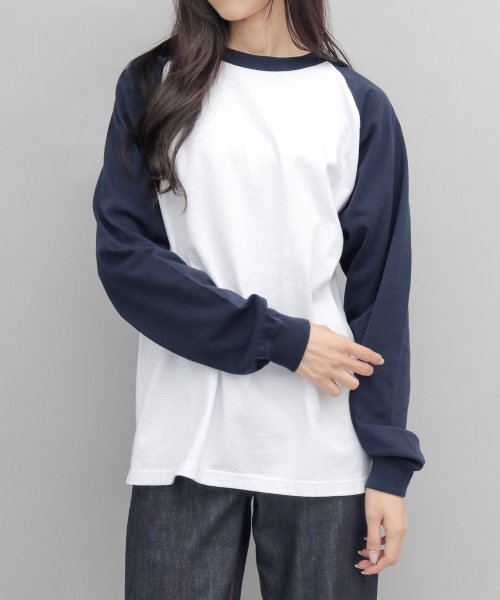 Goodwear(グッドウェア)/Goodwear グッドウェア A.M.S.別注 USAコットン ロングスリーブ ラグランTシャツ ロンT 長袖 袖リブ レギュラーシルエット A.M.S.別注/ホワイト×ネイビー