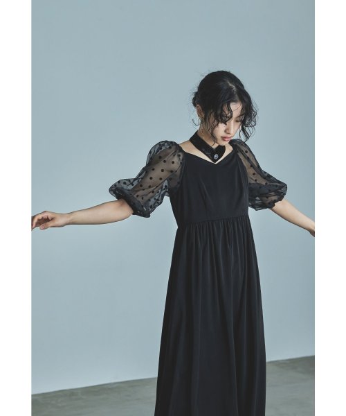 niana ニアナ パーティードレス 結婚式 ワンピース ドット シアー チョーカー付き Vネック バルーンスリーブ ボリューム袖 お呼ばれ パーティー 二次会 ニアナ お呼ばれ パーティー