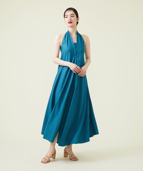 Sybilla(シビラ)/【SYBILLA DRESS】リネンホルターネック ベア付きドレス/ブルー