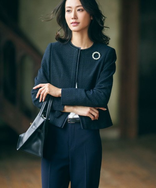 セットアップ対応】シャインツイードストレッチ ノーカラー ジャケット  