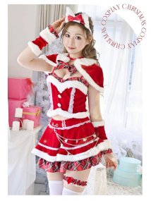 Rew-You/サンタ コスプレ サンタ クリスマス チェック リボン フリル もこもこ ケープ ビスチェ風 可愛い チョーカー Ryuyu/505796773