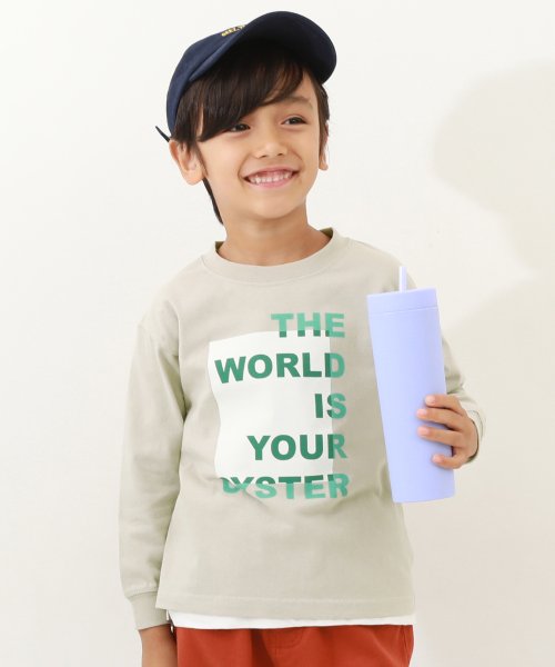 devirock(デビロック)/デビラボ プリント袖リブ 長袖Tシャツ 子供服 キッズ 男の子 女の子 トップス 長袖Tシャツ ロンT 綿100% 吸汗 ビッグシルエット/ライトグレー