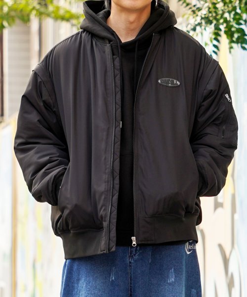 1111clothing(ワンフォークロージング)/◆2way パディング MA－1◆ ミリタリージャケット メンズ 2way ジャケット レディース ベスト フライトジャケット ワンポイント ロゴ アウター/ブラック