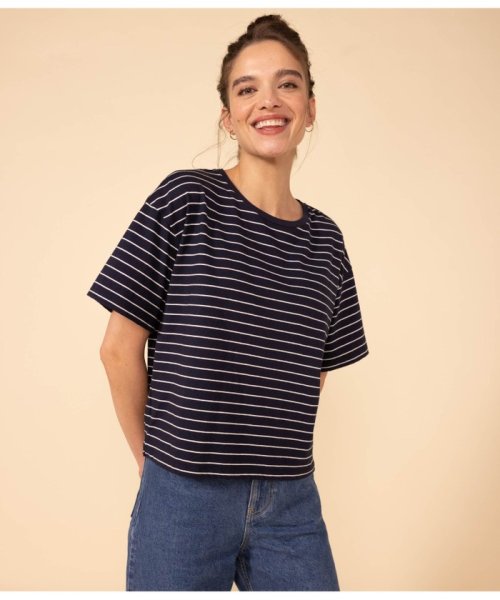 PETIT BATEAU(プチバトー)/ボクシーボーダー半袖Ｔシャツ/オフホワイト