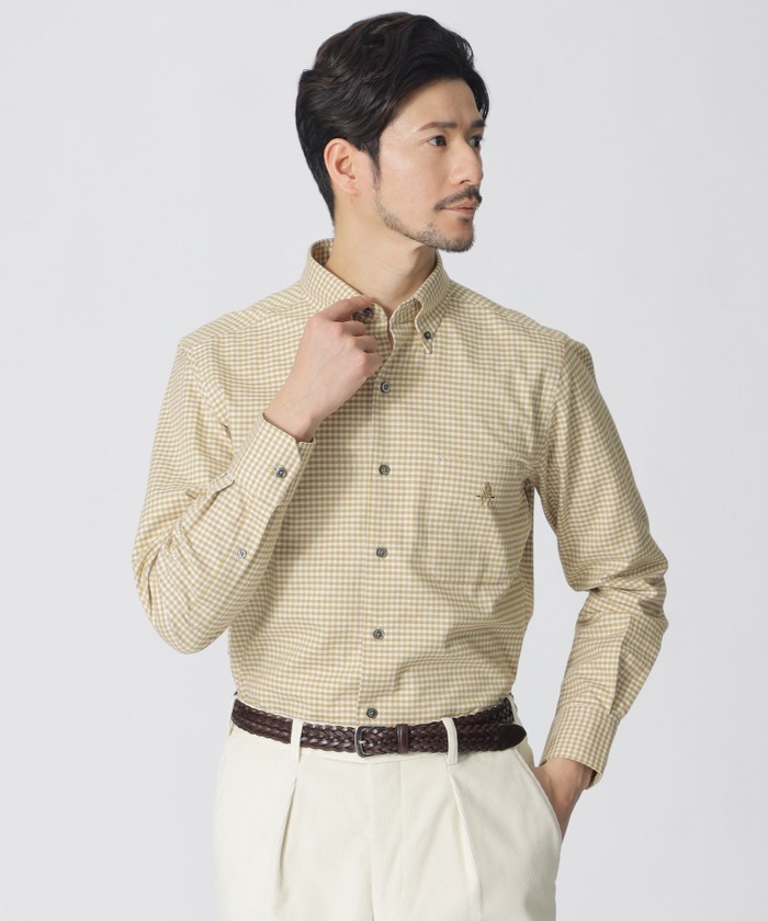 宗像ムージュ　紬　絹100%ベージュ系チェック ボタン付きシャツ 宗像ムージュ紬絹100%ベージュ系チェック ボタン付きシャツ