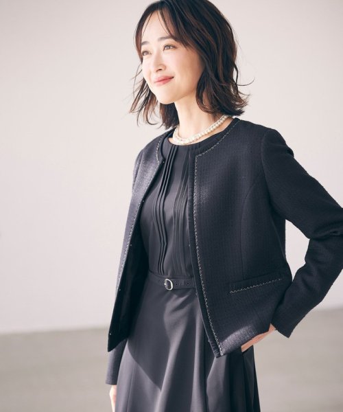 リップルボーダーストレッチ ノーカラージャケット 