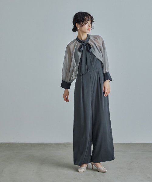 niana ニアナ ボウタイボレロ付きオールインワンパンツドレス パーティードレス 結婚式 セット サロペット ワイドパンツ キャミソール リボン シアー お呼 5cm ニアナ