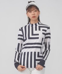 LANVIN SPORT(ランバン スポール)/モノグラムプリントモックネック長袖シャツ【吸汗/UV/ストレッチ/ECO】/ネイビー×ホワイト