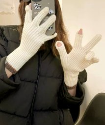 felt maglietta(フェルトマリエッタ)/ネーム付き配色リブニット手袋/ホワイト